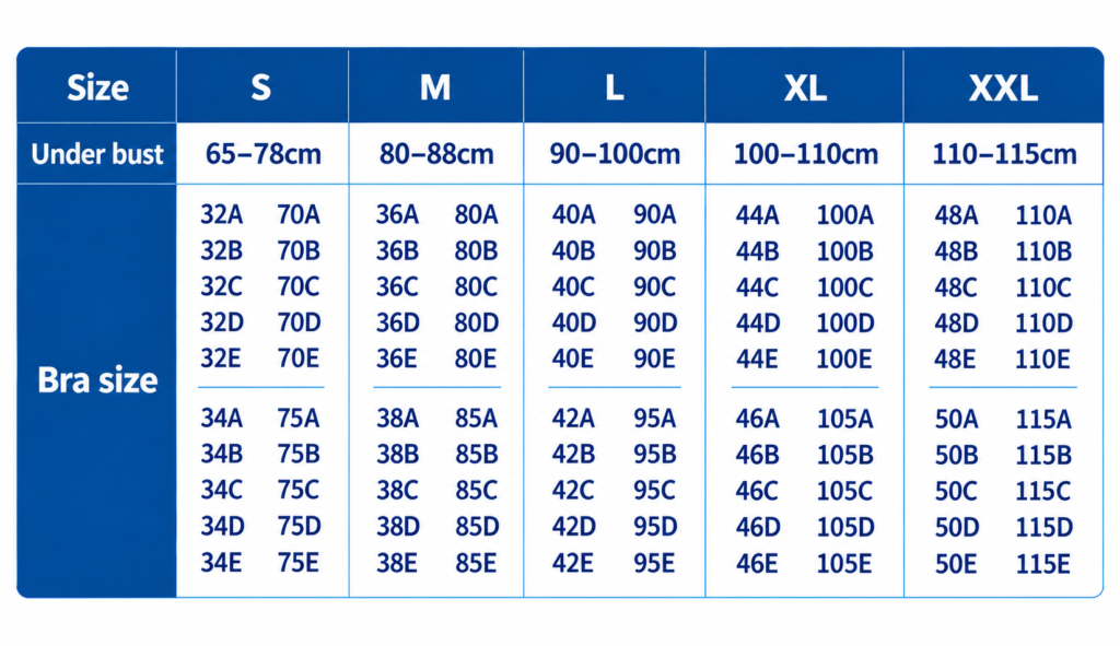 Bra size chart. Sizes S to XXL against under bust measurement in centimetres.
